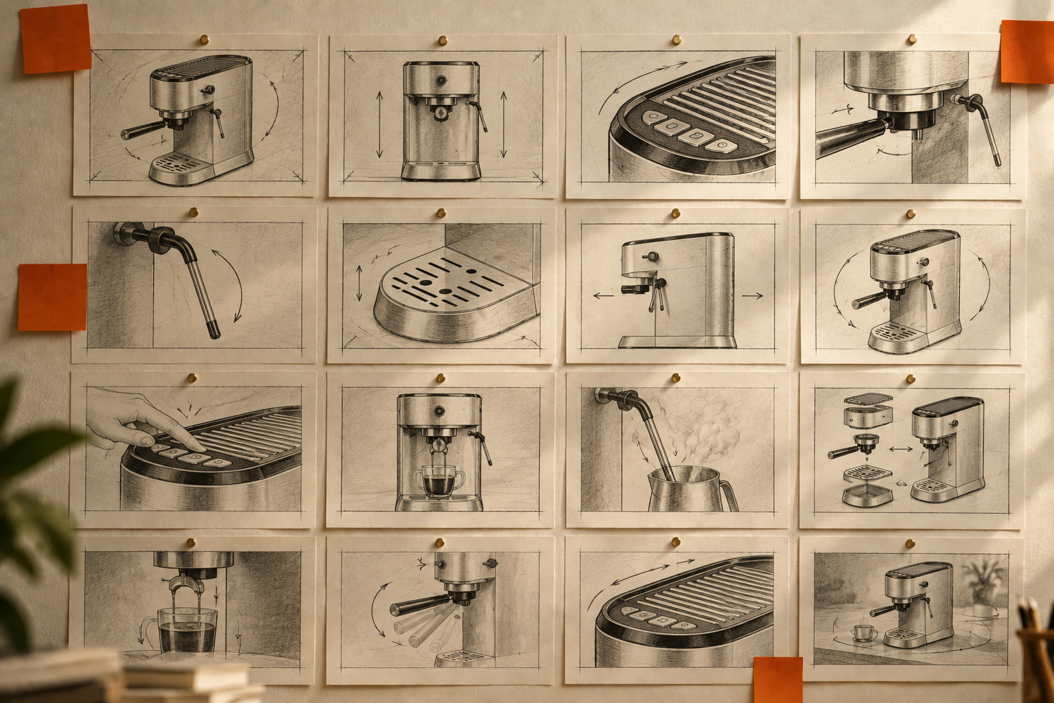 Storyboard sketches of product shots pinned to a wall